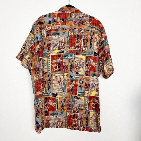 Hilo Hattie Hawaii Mens 2XL Hawaiian Scene Tiki Honu Button Front Aloha Shirt - Picture 2 of 5